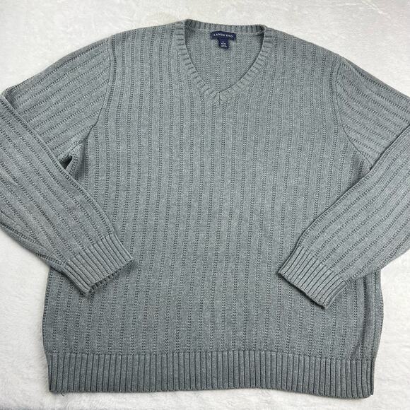 Lands End Ribbed Striped Cable Knit V neck Sweater Men’s size Large Gray Vintage - Picture 1 of 8